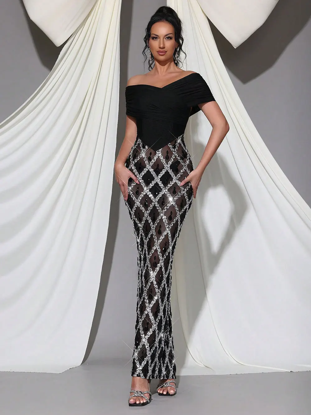 Spring Sexy Women's Chiffon Patchwork Sparkle Nail Bead Long Dress V-neck Short Sleeve Bodycon Dress Cocktail Banquet Dress - Image 7