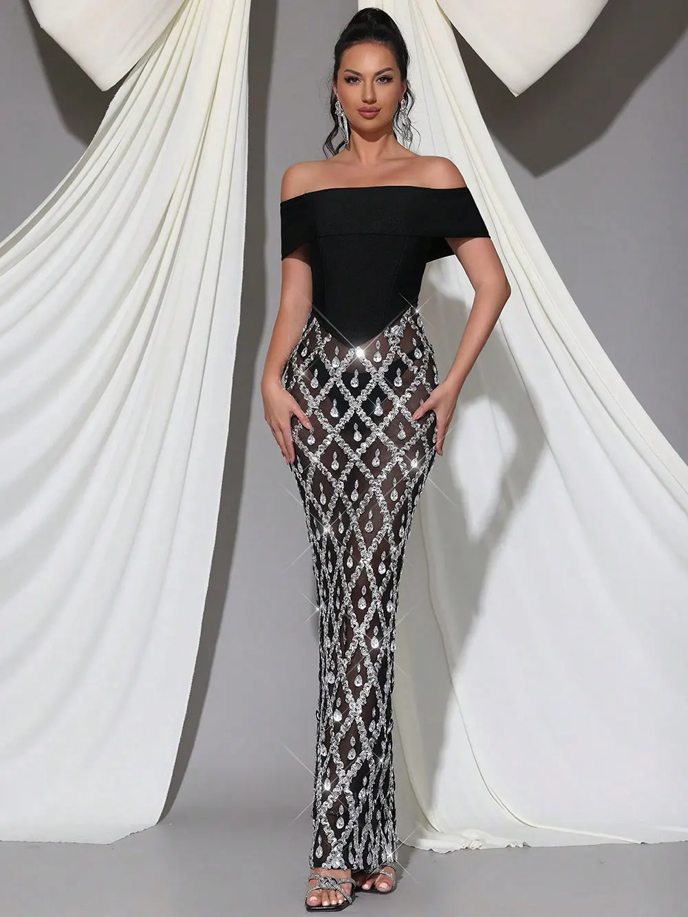 Spring Sexy Women's Chiffon Patchwork Sparkle Nail Bead Long Dress V-neck Short Sleeve Bodycon Dress Cocktail Banquet Dress - Image 8