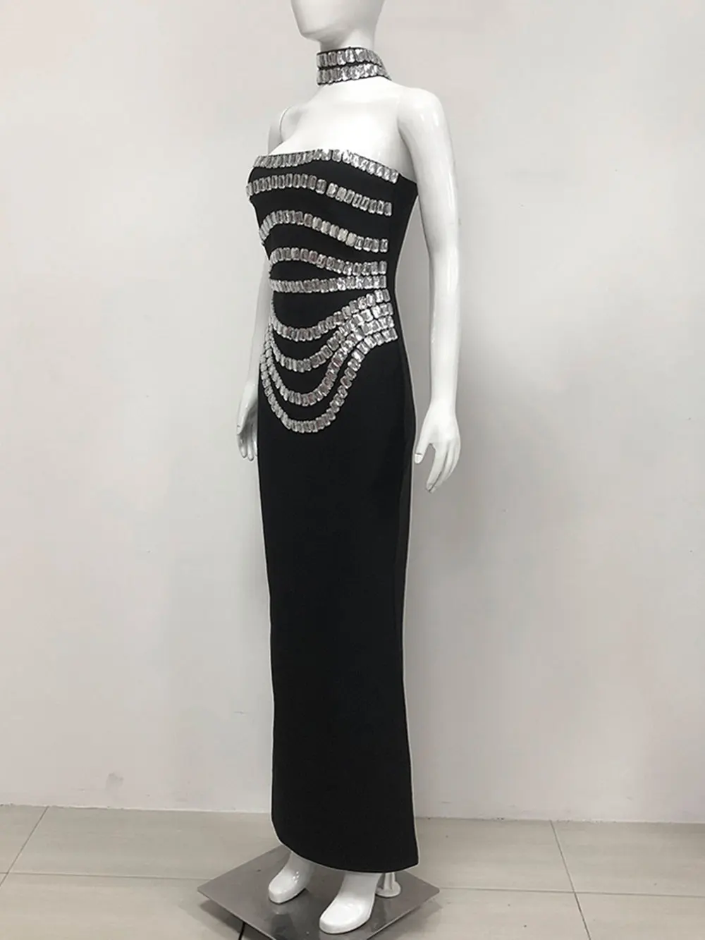 Spring Women Light Luxury Bead Design Bandage Dress+Neck Set Strapless Sleeveless Bodycon Backless Long Dress Party Vestido - Image 2