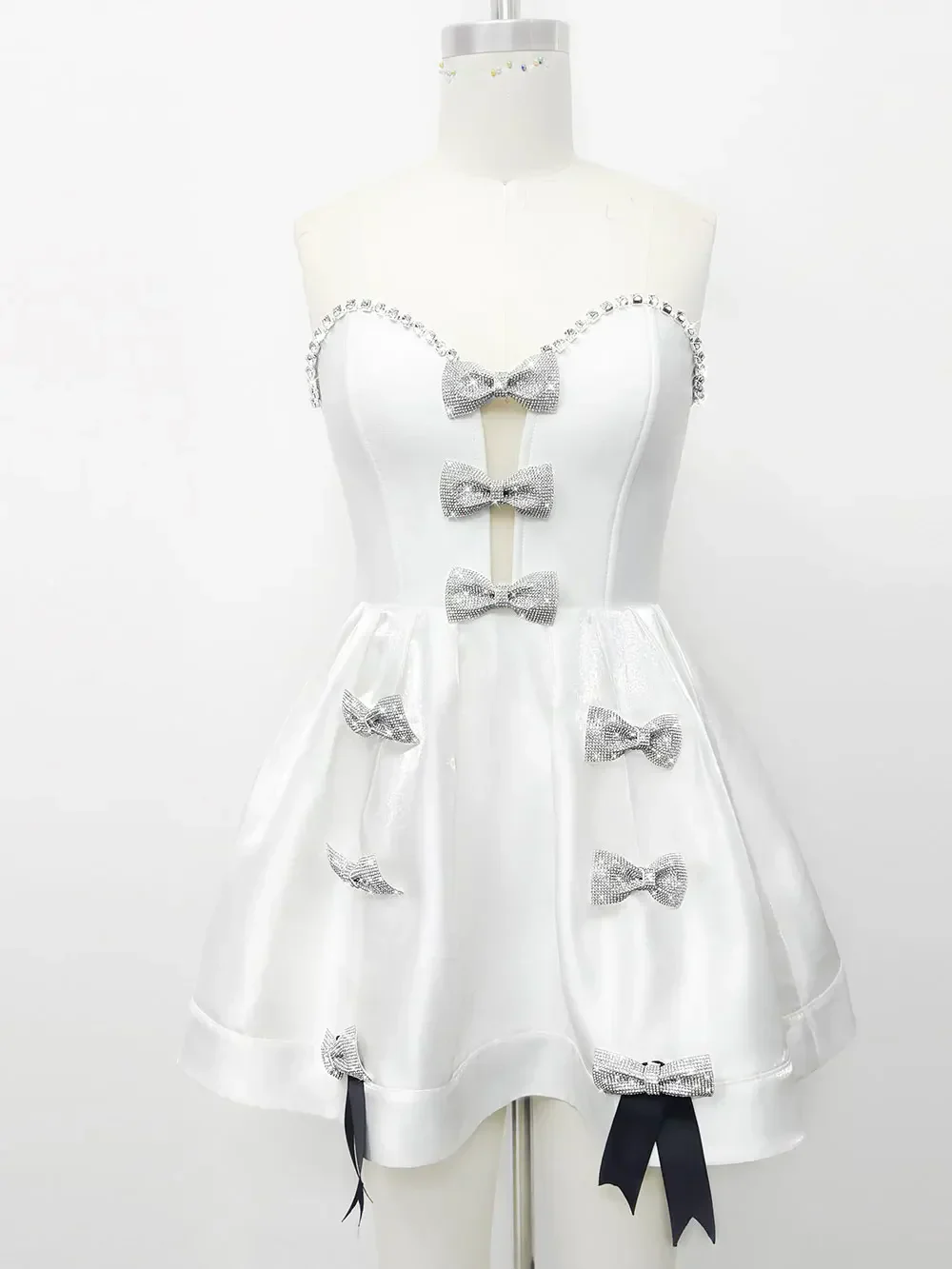 Spring Women's White Puff Dress Strapless Sleeveless Three Dimensional Bow Design A-line Mini Dress Evening Party Vestidos - Image 4