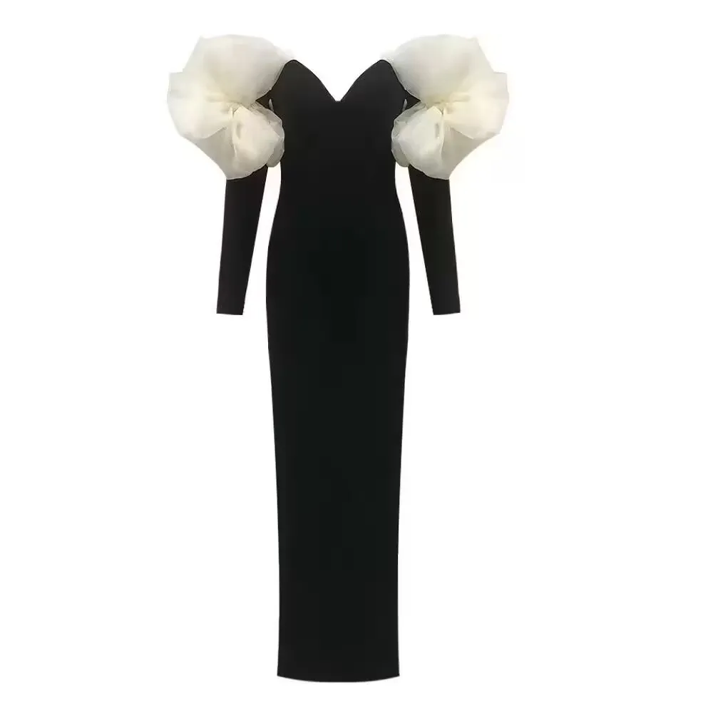 Stereoscopic Flower Sexy Off The Shoulder Ankle Lenght Bandage Dress Woman Birthday Party Vestido Celebrity Party Outfit - Image 7