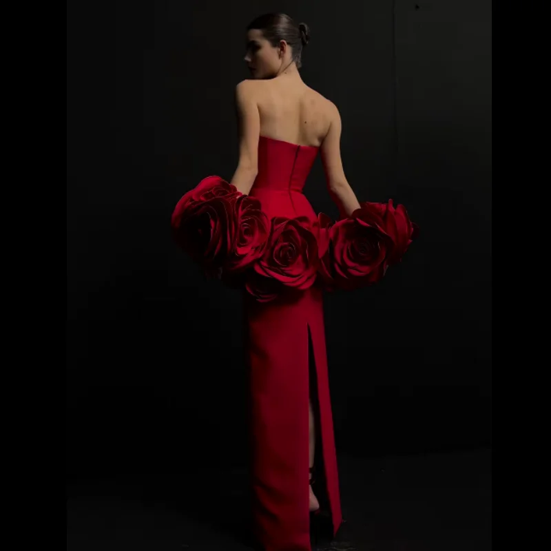 Stereoscopic Flowers Strapless Bandage Ankle Length Evening Dress Fashion Woman Birthday Party Dress Celebrity Party Outfit - Image 2