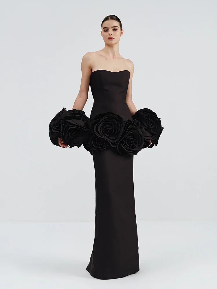 Stereoscopic Flowers Strapless Bandage Ankle Length Evening Dress Fashion Woman Birthday Party Dress Celebrity Party Outfit - Image 3