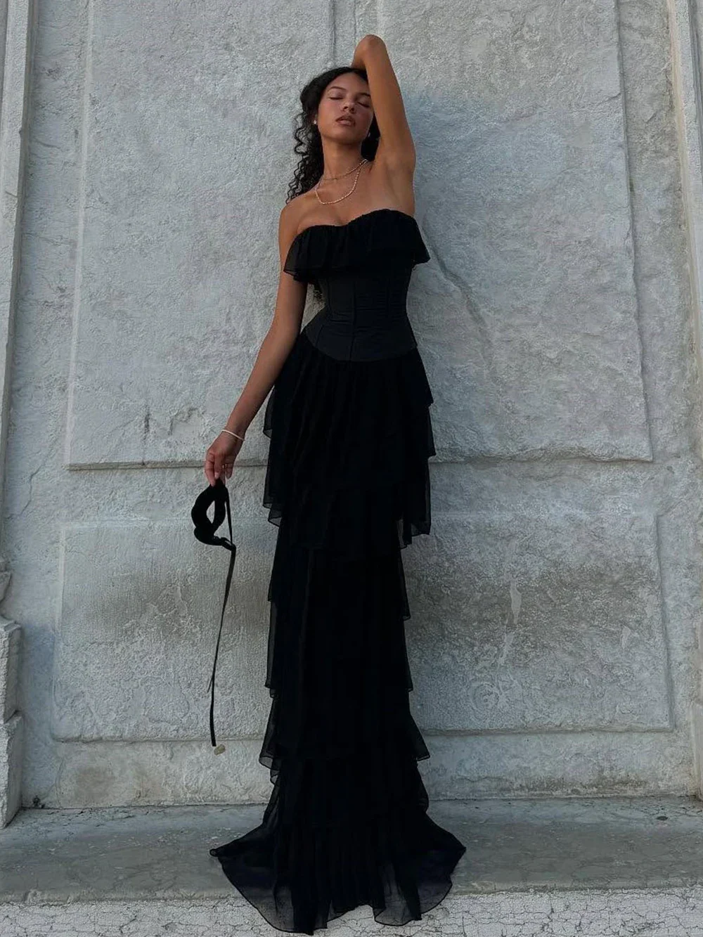 Women Sexy Strapless Ruffle Slim Maxi Dress for cummerbund Elegant Sleeveless Lady Evening Party Gowns Female Robes