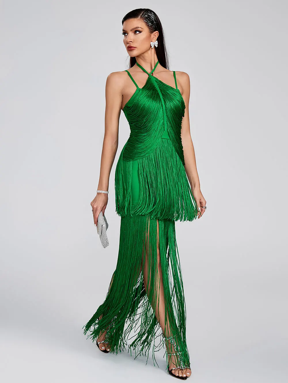 Women Tassel Design Bandage Long Dress Hanging Neck Sleeveless Bodycon Backless Dress Celebrity Evening Club Party Vestidos - Image 2