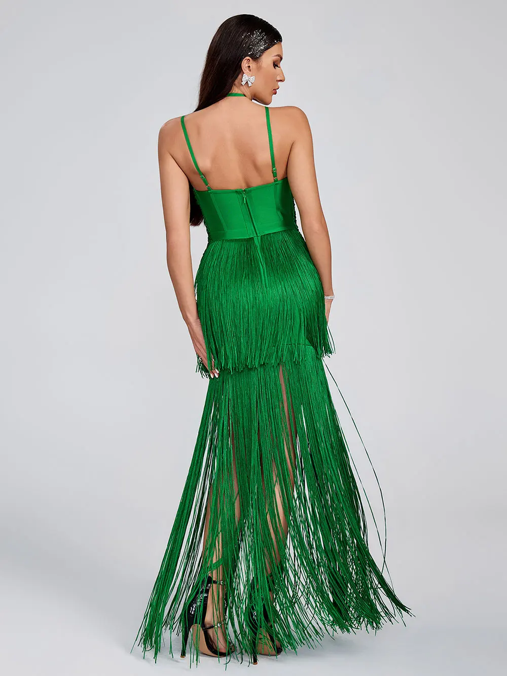 Women Tassel Design Bandage Long Dress Hanging Neck Sleeveless Bodycon Backless Dress Celebrity Evening Club Party Vestidos - Image 3
