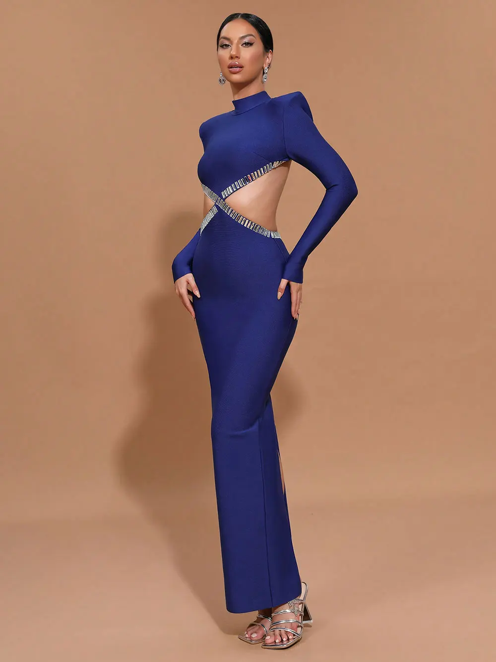 Women'S Light Luxury Nail Bead Sexy Backless Bandage Dress Stand Collar Long Sleeved Bodycon Backless Long Dress Vestidos - Image 2