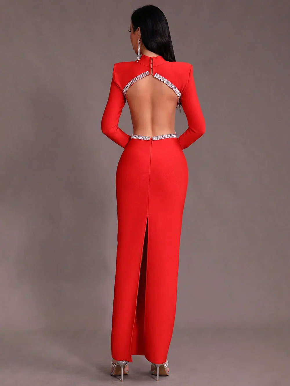 Women'S Light Luxury Nail Bead Sexy Backless Bandage Dress Stand Collar Long Sleeved Bodycon Backless Long Dress Vestidos - Image 3