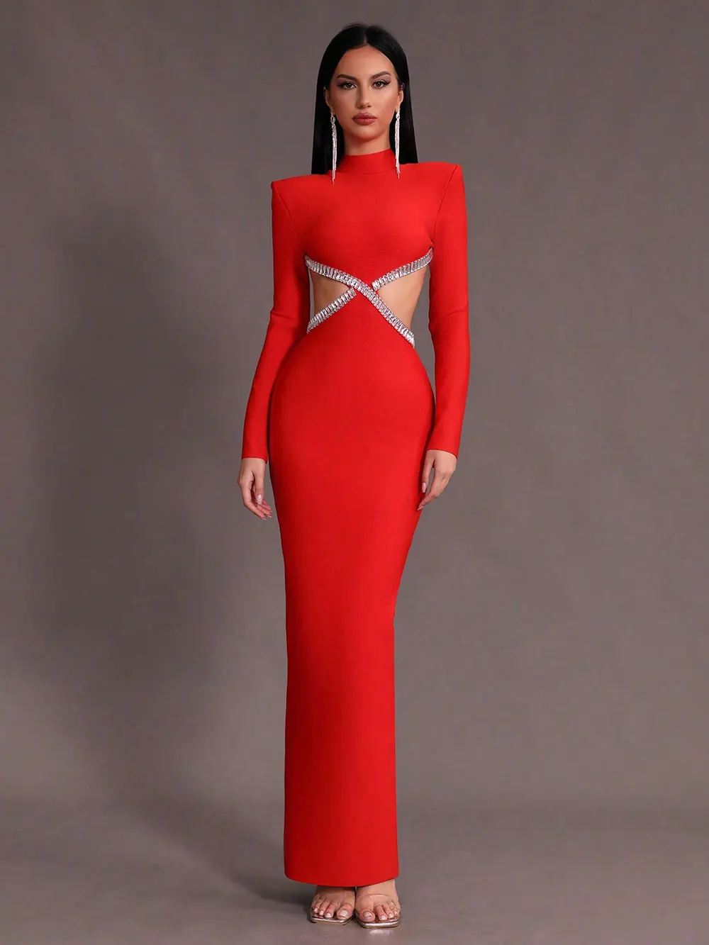 Women'S Light Luxury Nail Bead Sexy Backless Bandage Dress Stand Collar Long Sleeved Bodycon Backless Long Dress Vestidos - Image 5