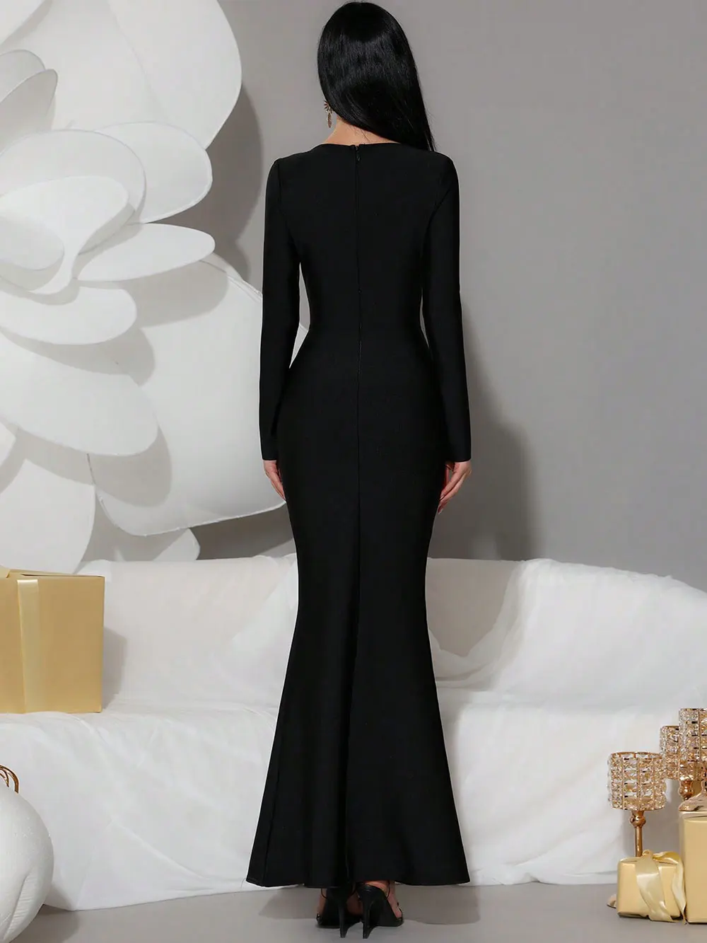 Women's Light Luxury Nail Diamond Design Fishtail Bandage Dress Strapless Long Sleeve Hollow Bodycon Black Long Dresses - Image 4