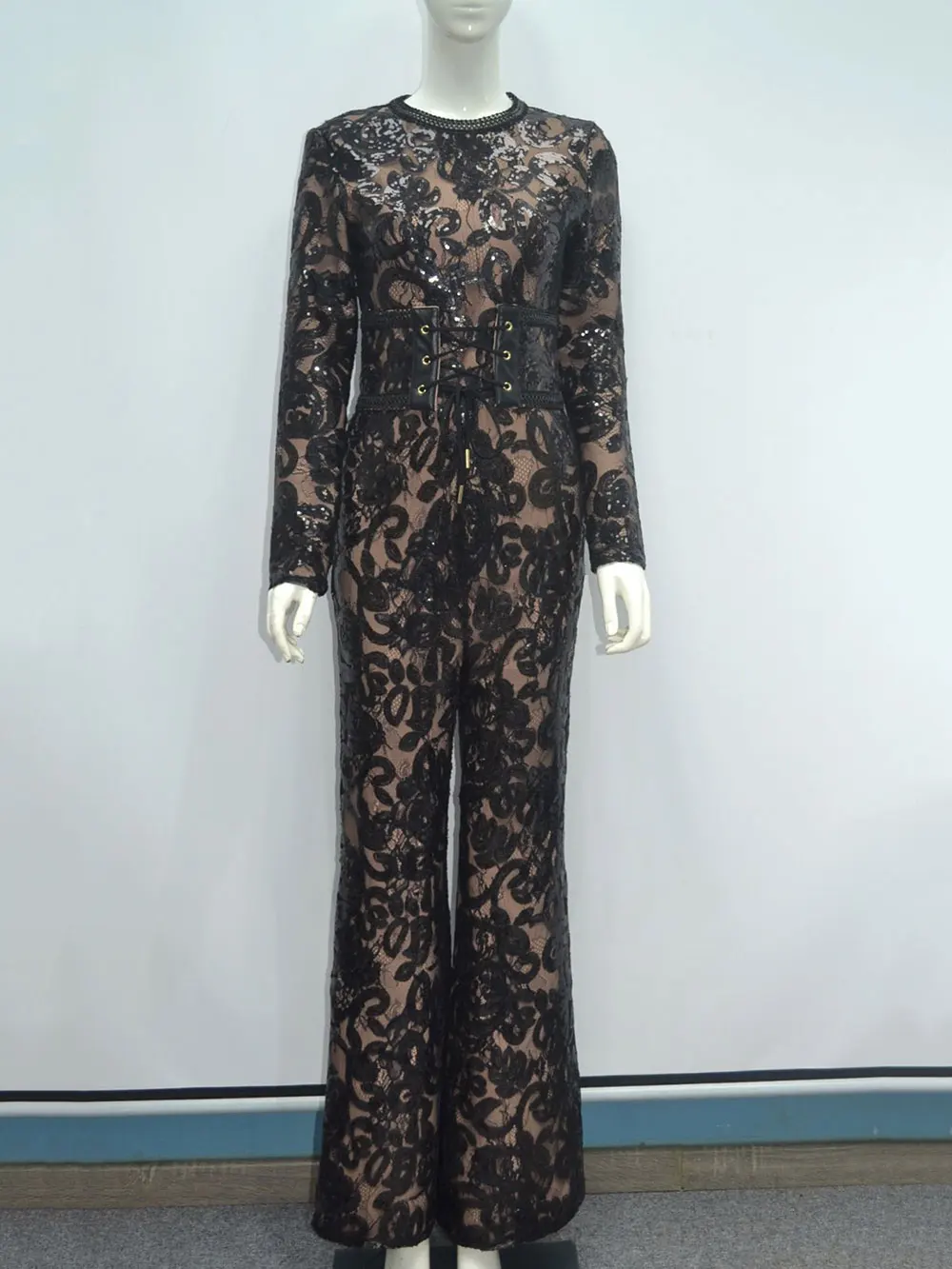 Women'S Light Luxury Sequin Patchwork Bandage Jumpsuit O-Neck Long Sleeved Waistband Flared Jumpsuit Pants Party Jumpsuit - Image 10