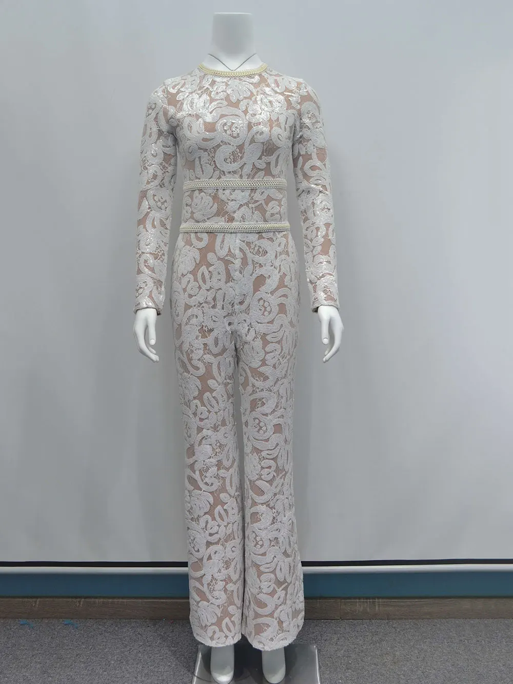 Women'S Light Luxury Sequin Patchwork Bandage Jumpsuit O-Neck Long Sleeved Waistband Flared Jumpsuit Pants Party Jumpsuit - Image 2