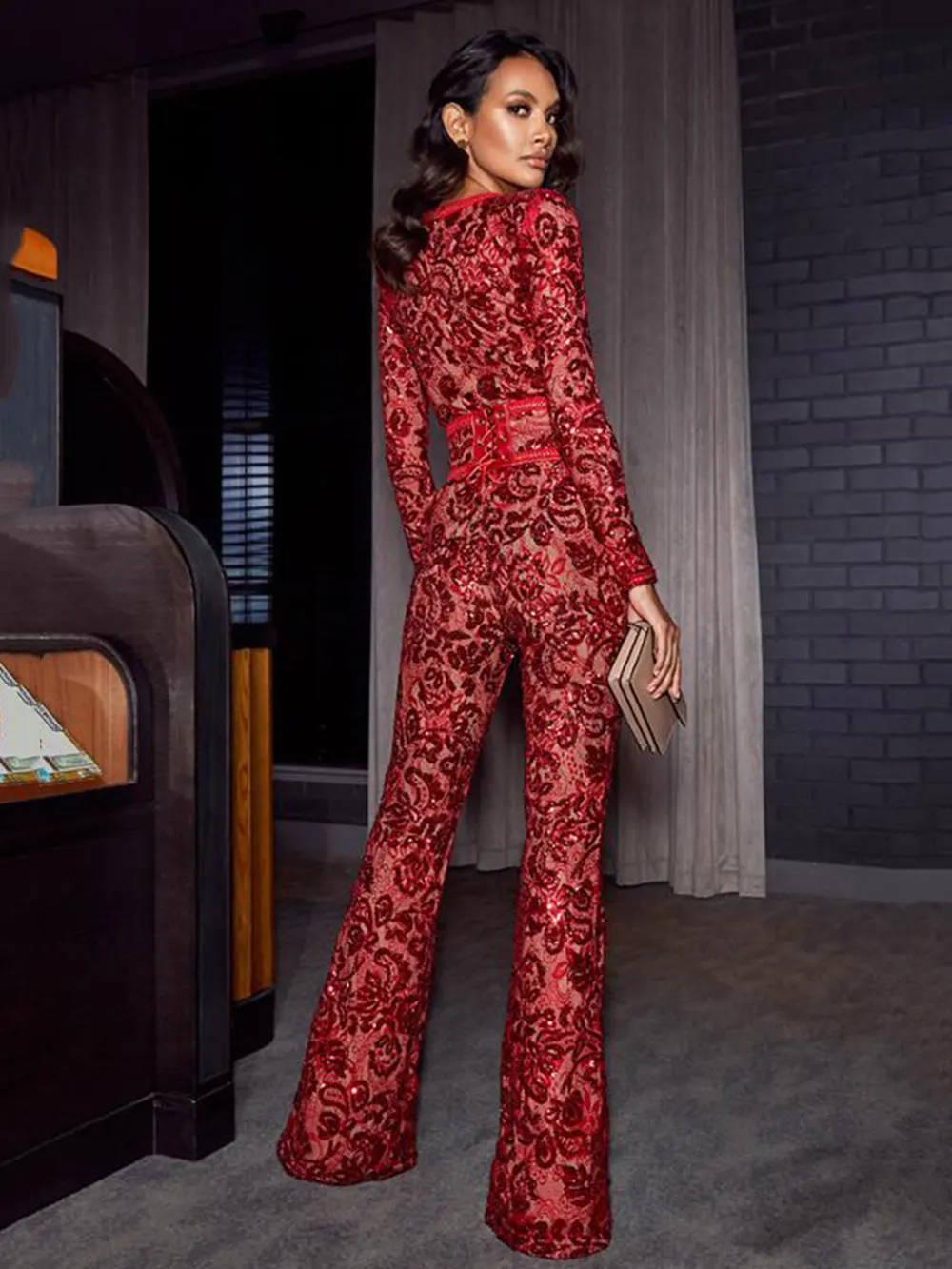 Women'S Light Luxury Sequin Patchwork Bandage Jumpsuit O-Neck Long Sleeved Waistband Flared Jumpsuit Pants Party Jumpsuit - Image 3