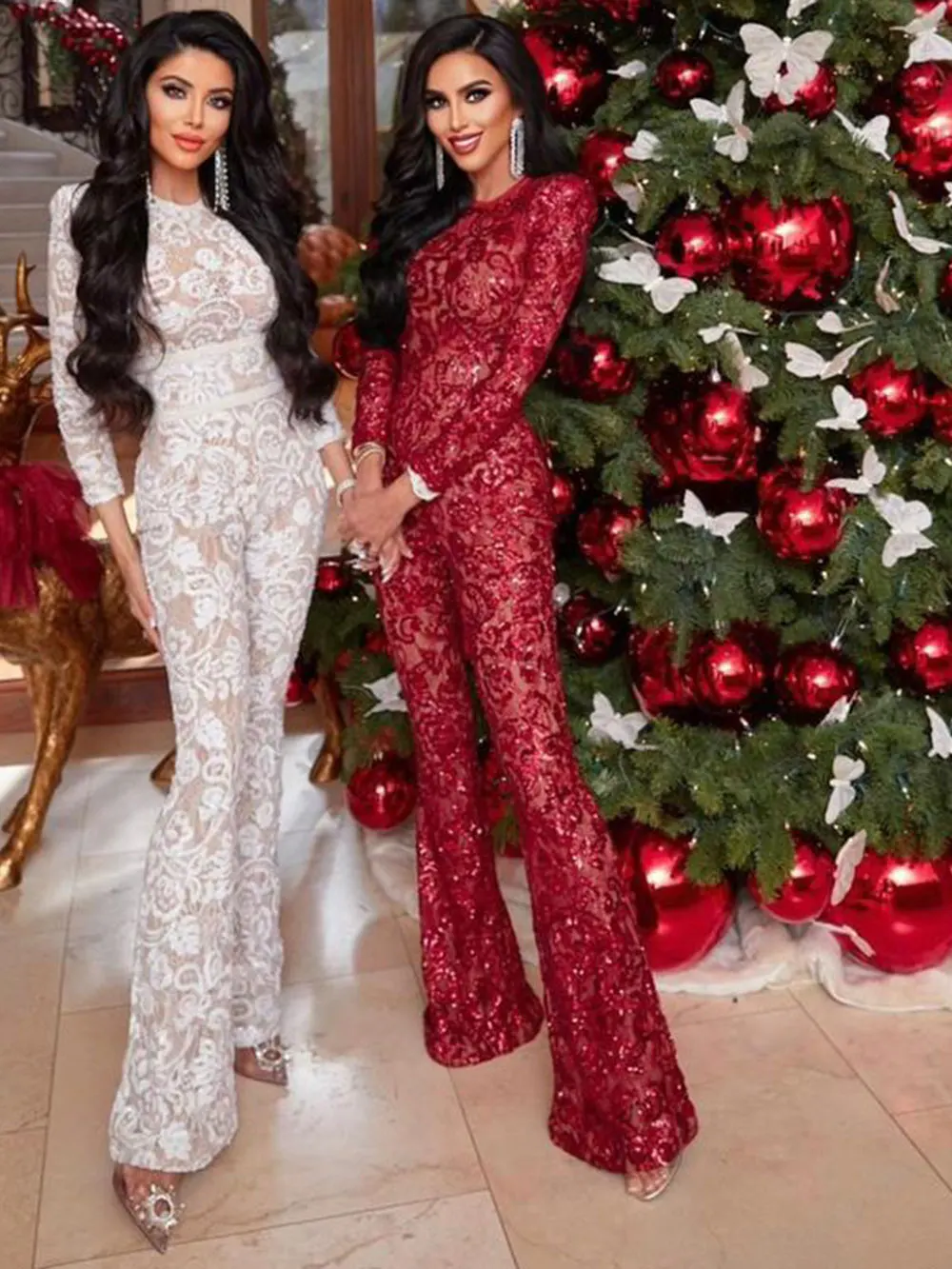 Women'S Light Luxury Sequin Patchwork Bandage Jumpsuit O-Neck Long Sleeved Waistband Flared Jumpsuit Pants Party Jumpsuit - Image 4