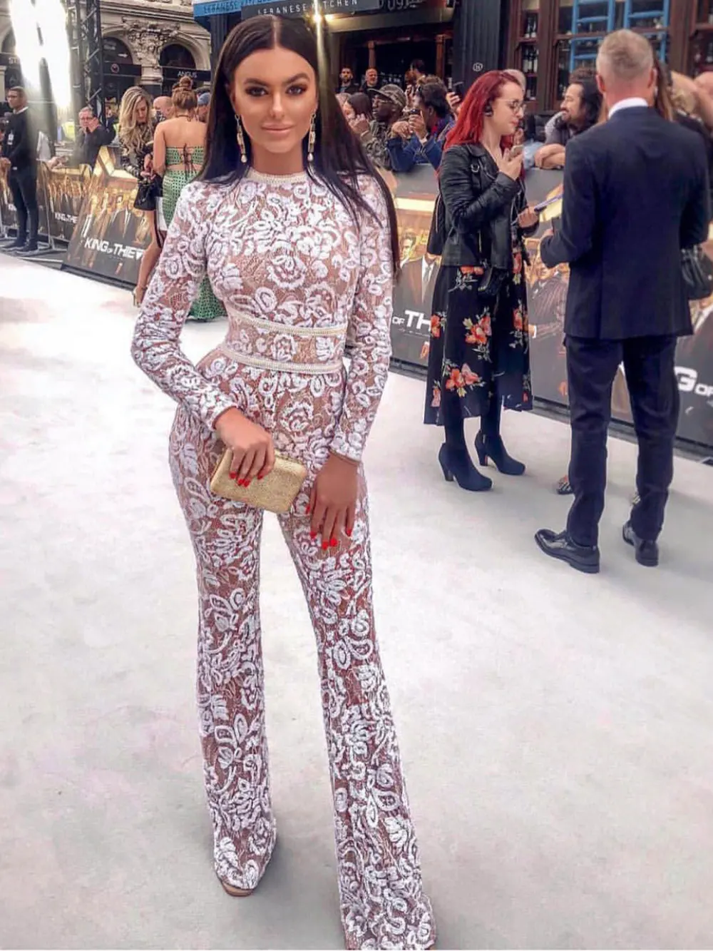 Women'S Light Luxury Sequin Patchwork Bandage Jumpsuit O-Neck Long Sleeved Waistband Flared Jumpsuit Pants Party Jumpsuit - Image 5