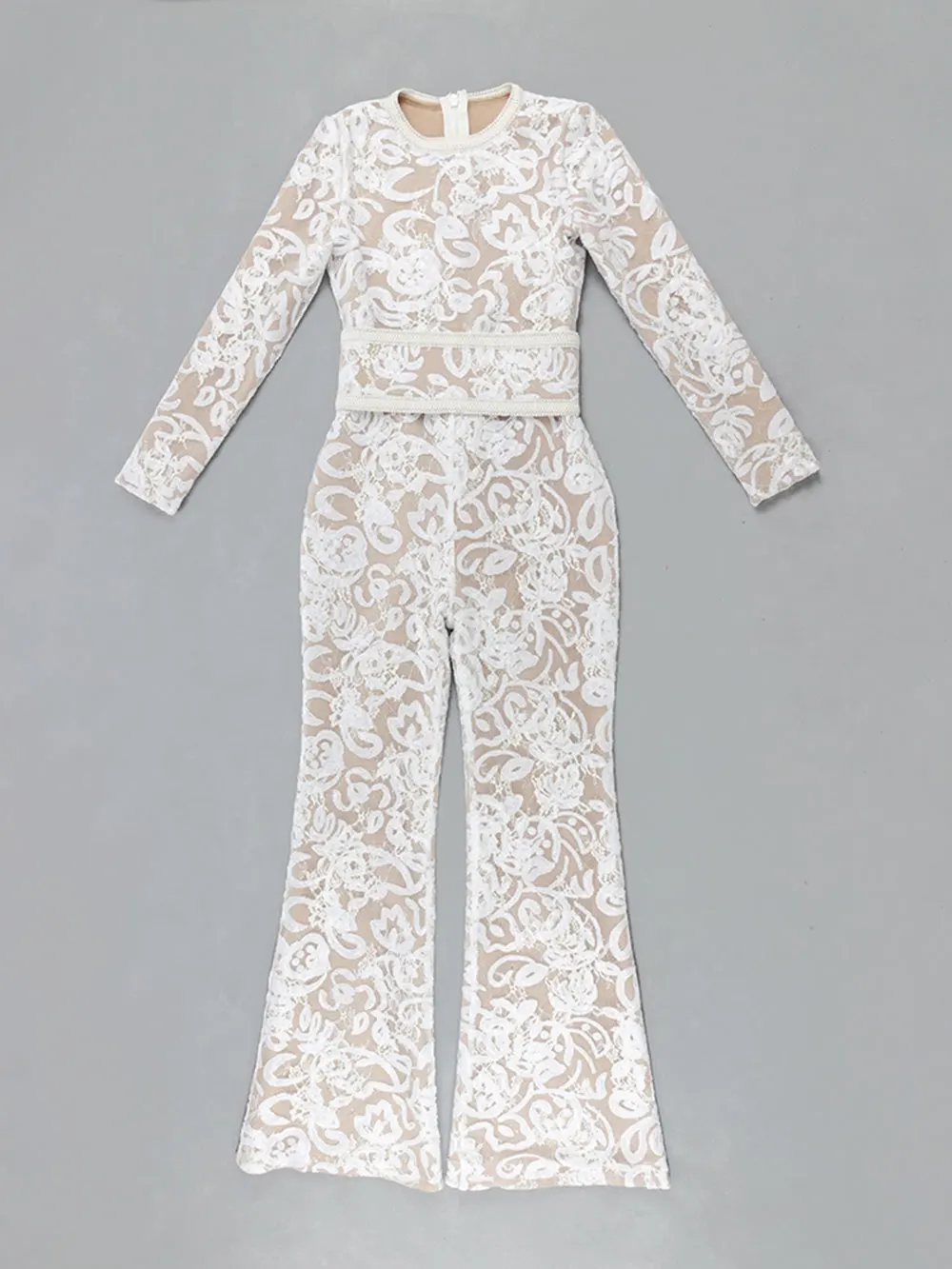 Women'S Light Luxury Sequin Patchwork Bandage Jumpsuit O-Neck Long Sleeved Waistband Flared Jumpsuit Pants Party Jumpsuit - Image 6