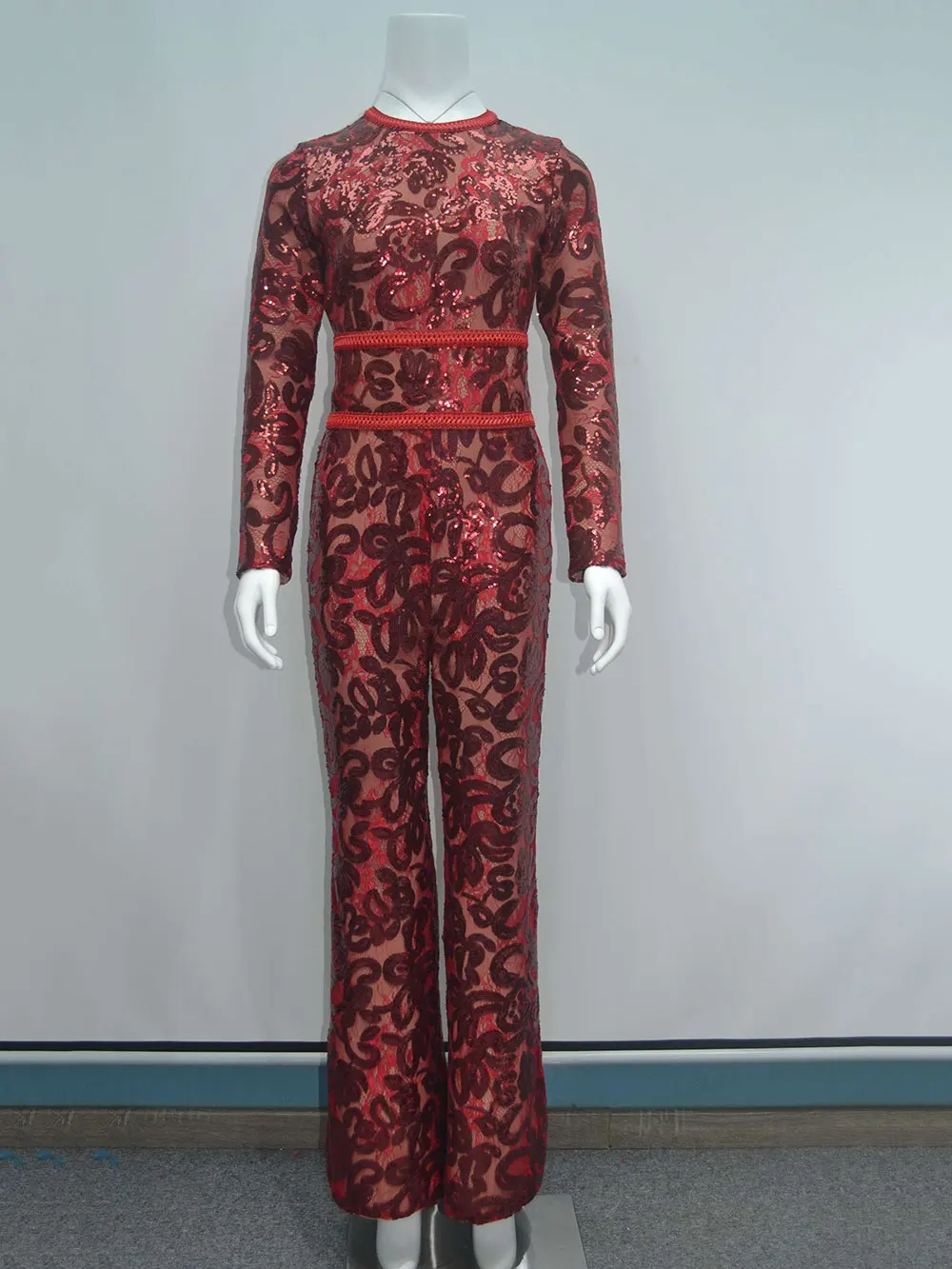 Women'S Light Luxury Sequin Patchwork Bandage Jumpsuit O-Neck Long Sleeved Waistband Flared Jumpsuit Pants Party Jumpsuit - Image 9
