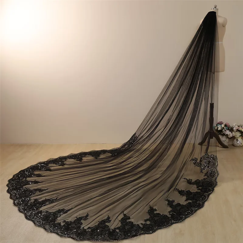 3.5 Meters Sequined Veil Black Lace Bridal Veil Metal Comb - Image 5