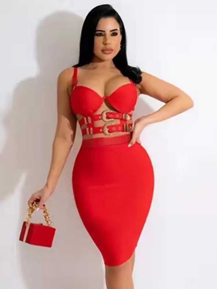 3 Colors Women Sexy Tops Skirts Set Rayon Bandage Fashion Nightclub Party Wear Women's Set High Quality