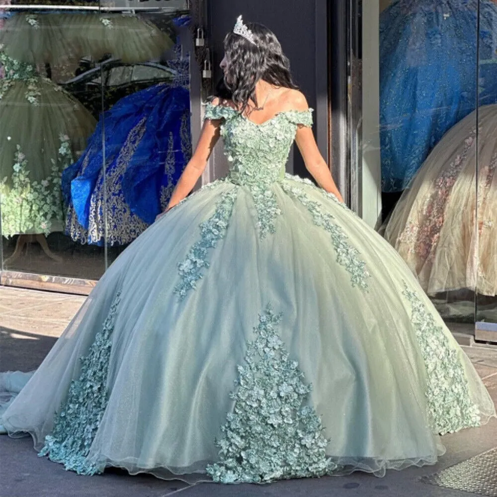 3D Flowers Sage Green Quinceanera Dress with Bow Formal Birthday Party Prom for 16 Years Vestido De 15 Años Corset - Image 3