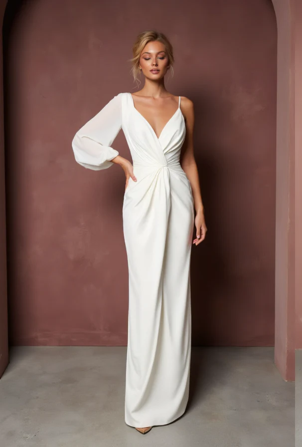 A-Line White Gown with Cap Sleeves for a Subtle and Elegant Bridal Look - Image 2