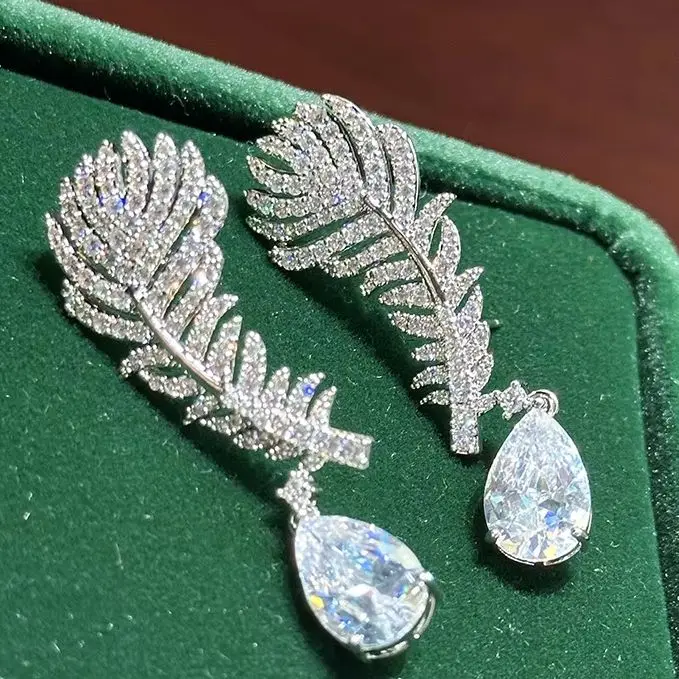 AAA Zircon Bridal Earrings Feather Cubic Zirconia Wedding Earring For Bride Bridesmaids Accessories Women Birthday Gifts Jewelry