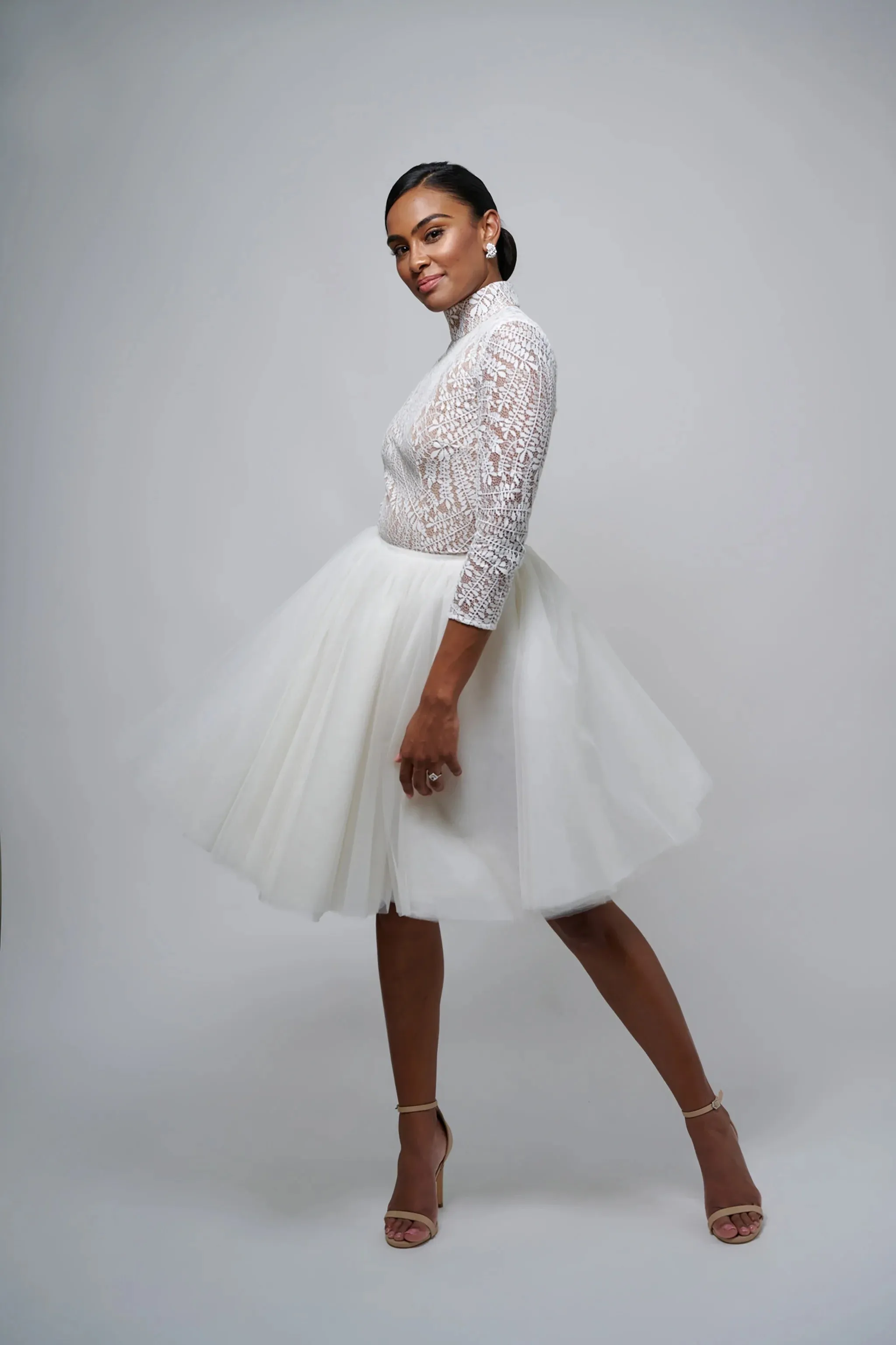 Unique 2-Piece Ensemble with High neck design Vestido De Novia Wedding Dress Satin Skirt Bow Court Train Dress Bridal Gown - Image 4