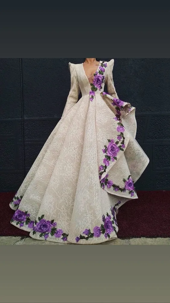 Arabic Dubai High Low Lace Prom Dresses V Neck Flowers Long Sleeves Evening Dress Women Formal Gown vestidos de fiesta - Image 3