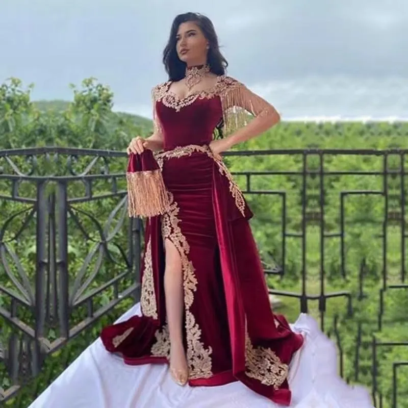 Arabic Mermaid Velvet Evening Dress 4 Pieces Overskirt Split Applique Lace Prom Gowns High Neck Tassel Algerian Outfit - Image 3