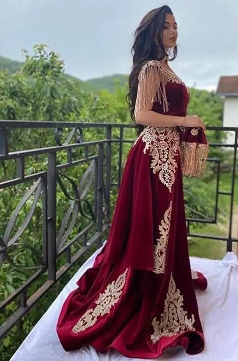 Arabic Mermaid Velvet Evening Dress 4 Pieces Overskirt Split Applique Lace Prom Gowns High Neck Tassel Algerian Outfit - Image 4