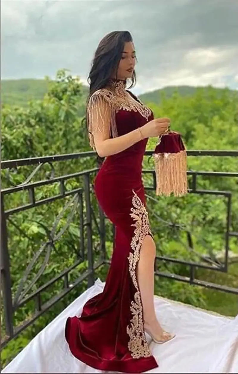 Arabic Mermaid Velvet Evening Dress 4 Pieces Overskirt Split Applique Lace Prom Gowns High Neck Tassel Algerian Outfit - Image 5