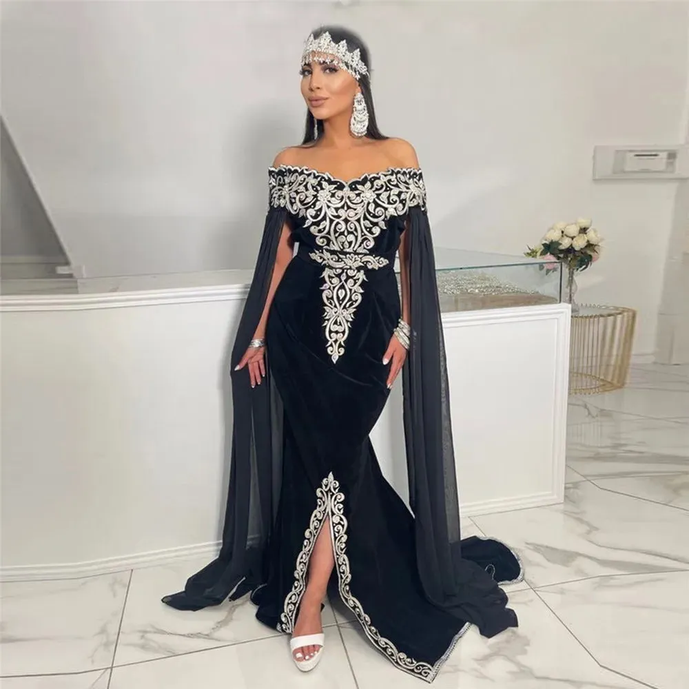 Arabic Mermaid Velvet Evening Dresses Off The Shoulder Split Appliques Long Cape Sleeves Prom Gowns Algerian Outfits - Image 3