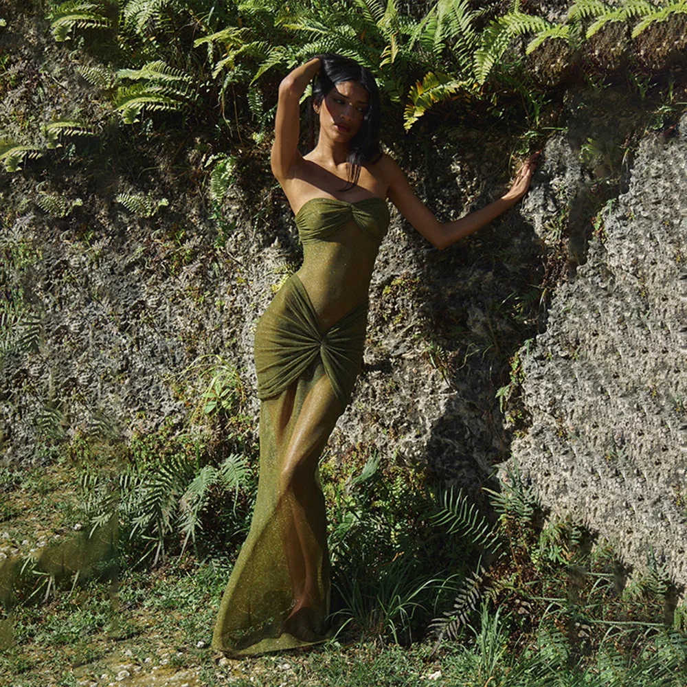 Armygreen Nude Color Women Sexy Strapless Sequins Bodycon Long Dress See Through Celebrate Nightclub Party Birthday Dress - Image 3