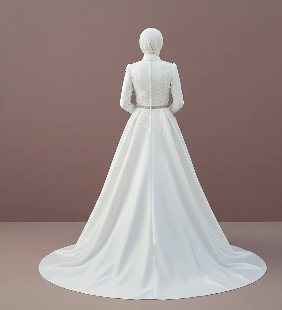High Neck Muslim Wedding Dress Modest Elegant Satin Gown - Image 2