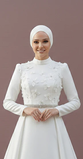 High Neck Muslim Wedding Dress Modest Elegant Satin Gown - Image 3