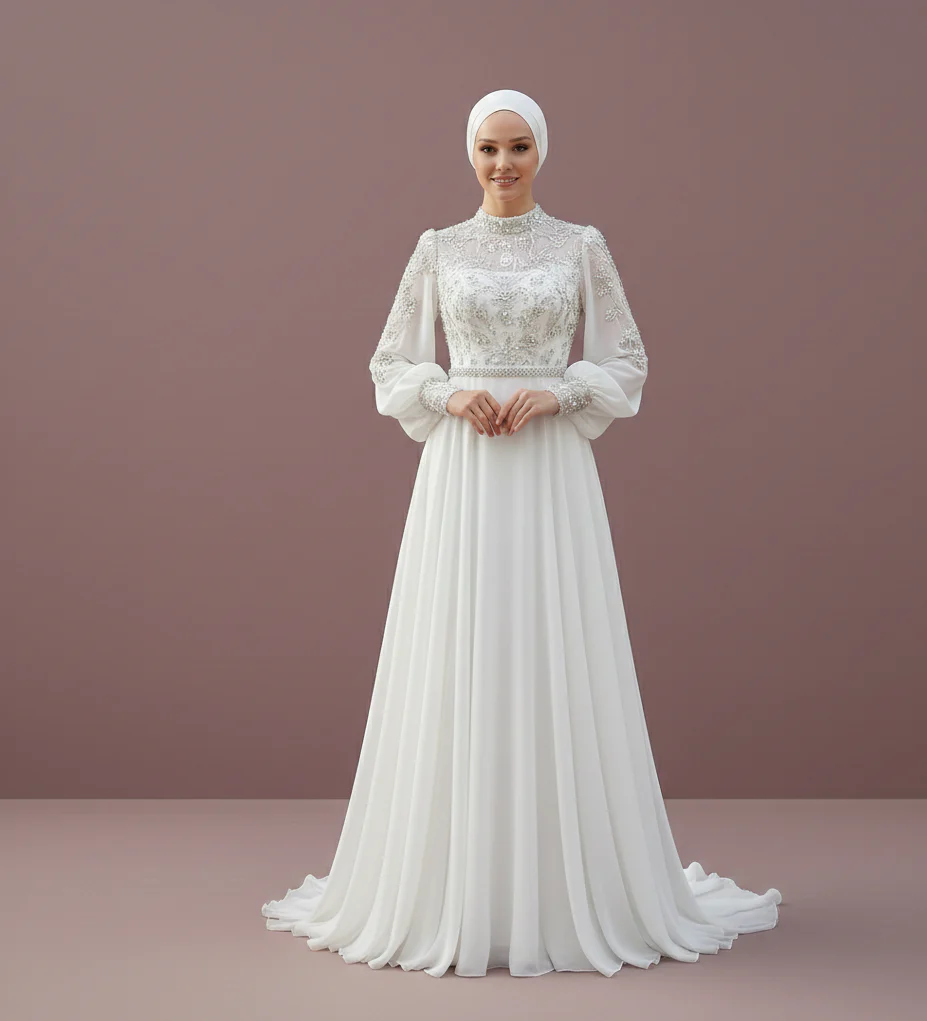 Asymmetrical Muslim Wedding Dress Modest Designer Style Wear
