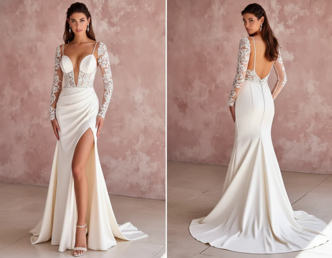 Tea Rose Sleeve Wedding Dress Floral Long Lace Bridal Gown