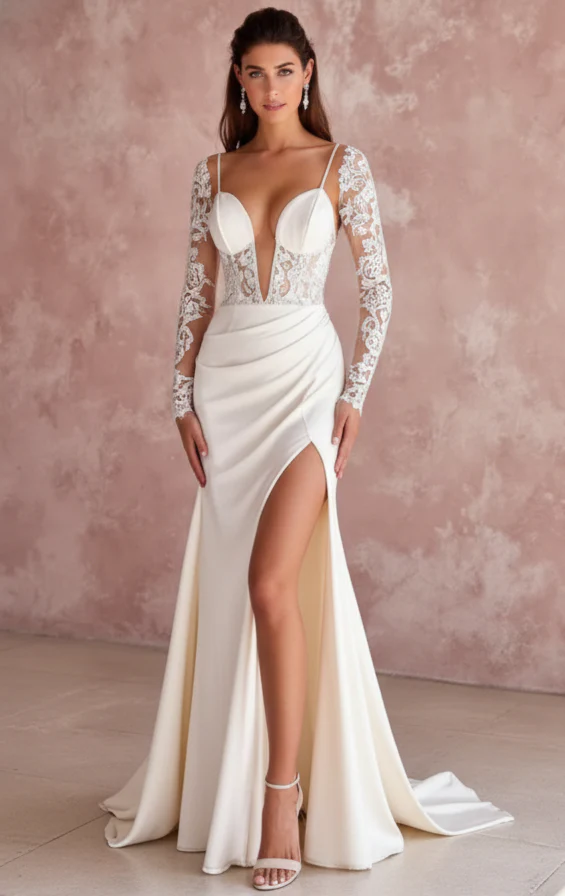 Tea Rose Sleeve Wedding Dress Floral Long Lace Bridal Gown - Image 2