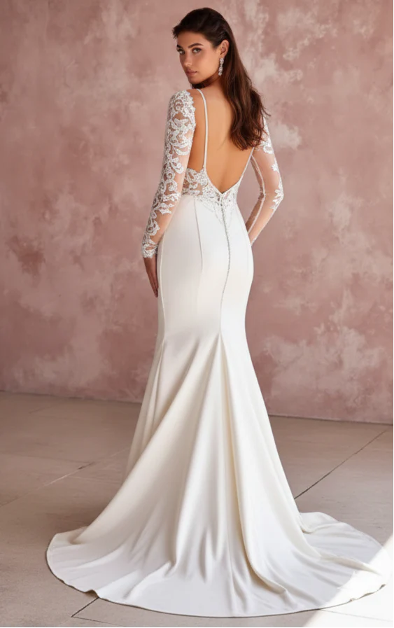 Tea Rose Sleeve Wedding Dress Floral Long Lace Bridal Gown - Image 3