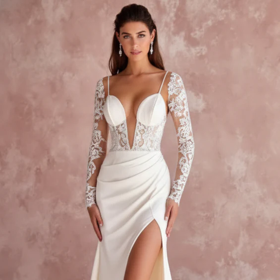 Tea Rose Sleeve Wedding Dress Floral Long Lace Bridal Gown - Image 4