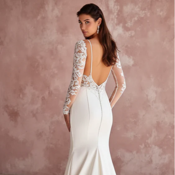 Tea Rose Sleeve Wedding Dress Floral Long Lace Bridal Gown - Image 5