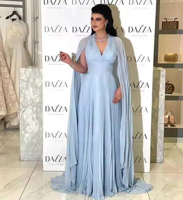 Baby Blue Chiffon Saudi Arabia Long Prom Dresses Cape muslim Sleeves Formal Evening Party Dress Dubai Women Party Gowns - Image 3