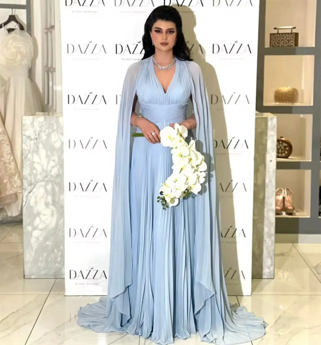 Baby Blue Chiffon Saudi Arabia Long Prom Dresses Cape muslim Sleeves Formal Evening Party Dress Dubai Women Party Gowns - Image 4