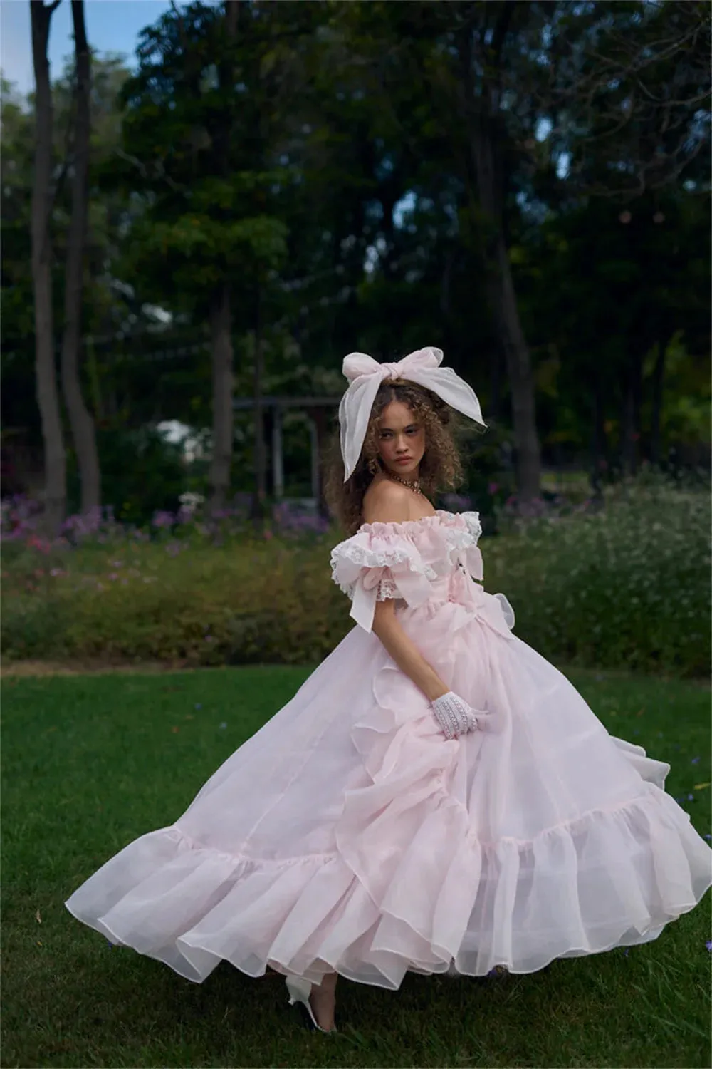 Baby Pink Off Shoulder Prom Dress Sweet Edge Curl Organza Vestidos De Noche Puffy Prom Dress Princess فساتين السهرة - Image 6
