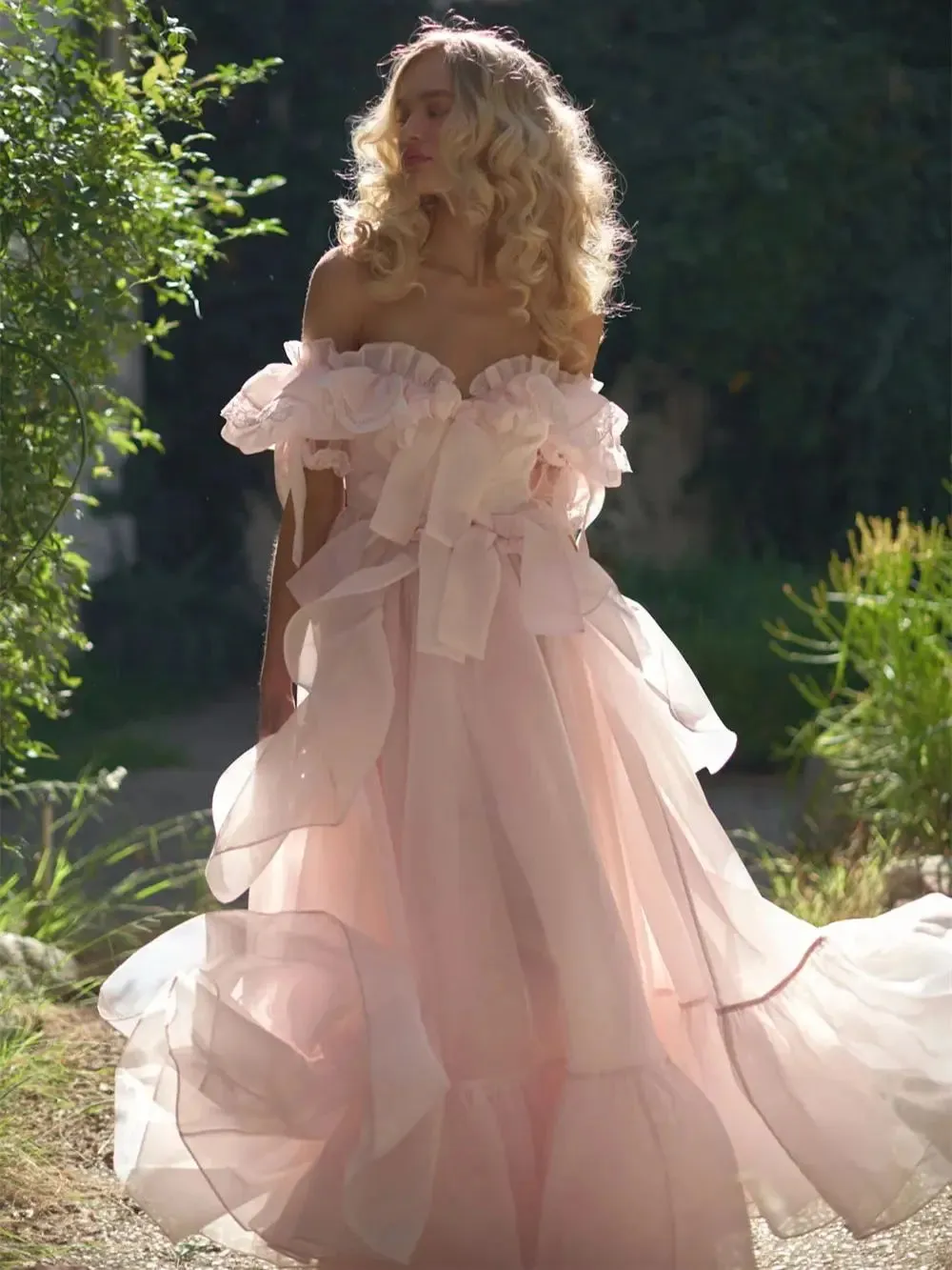 Baby Pink Off Shoulder Prom Dress Sweet Edge Curl Organza Vestidos De Noche Puffy Prom Dress Princess فساتين السهرة - Image 7