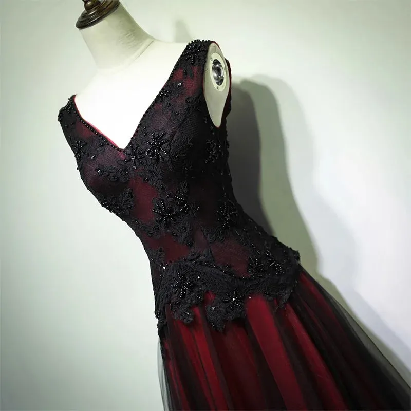 Ball Gown Appliques Beads Dresses Sexy V-Neck Vestidos De 15 Anos Formal Tulle Burgundy With Black Robe De Soiree - Image 4
