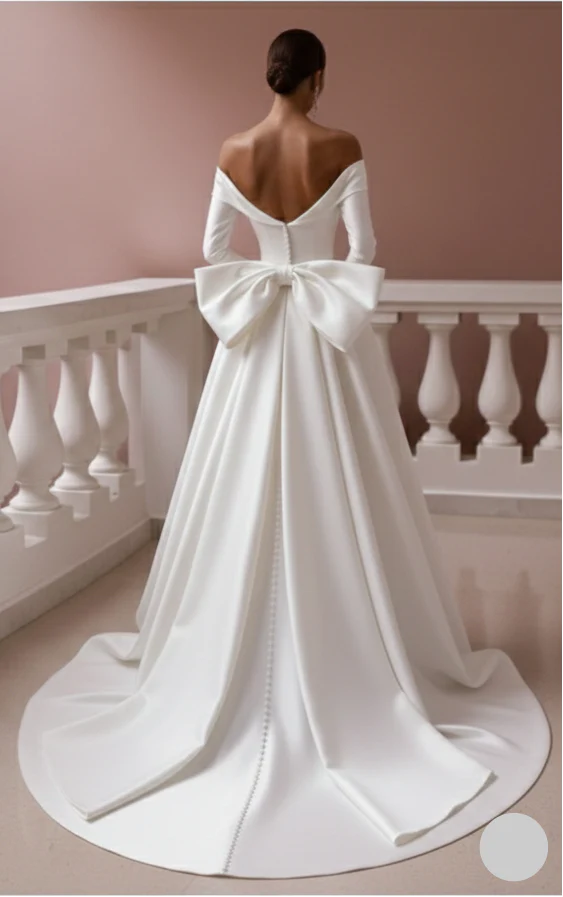 Long Bow Detail Wedding Dress Backless Satin Formal Gown - Image 3
