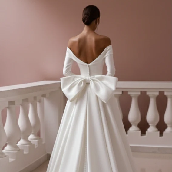 Long Bow Detail Wedding Dress Backless Satin Formal Gown - Image 5