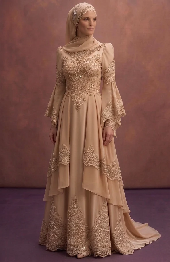 Beige Muslim Prom Dresses with Hijab Styling Inspiration - Image 2