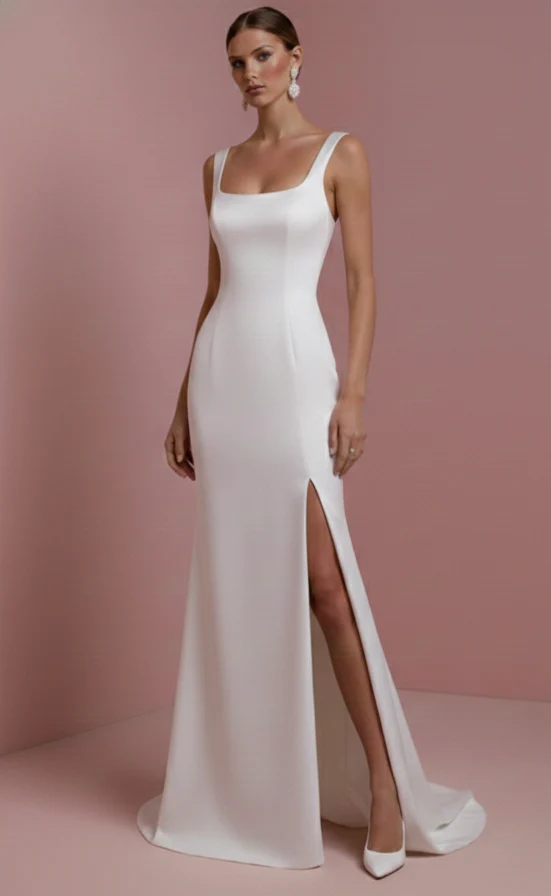 Long Square Neck Wedding Dress Thick Strap Satin Classic - Image 2